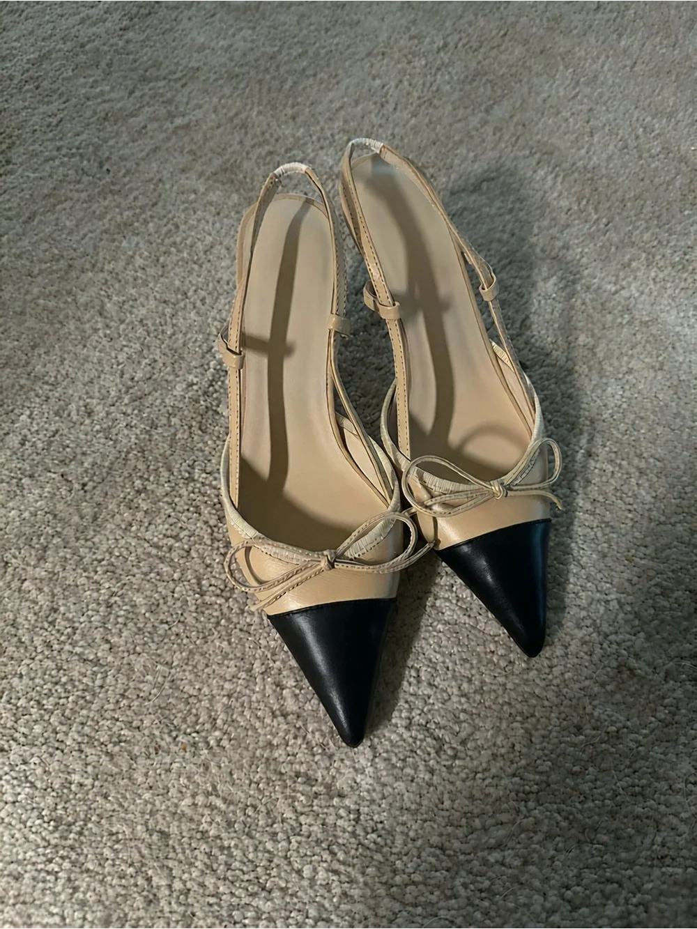 C Two-Tone Pointed Toe Slingback Flats in Beige and Black